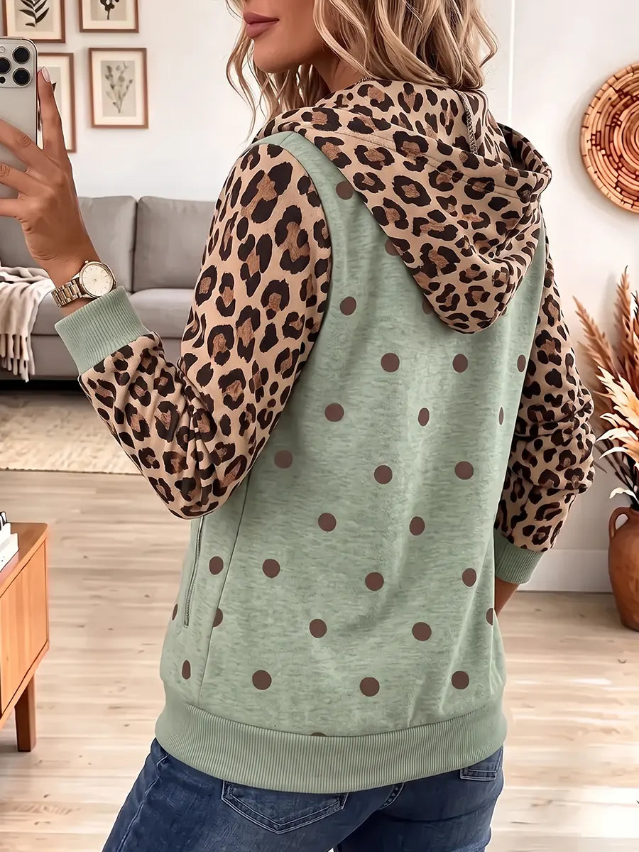 Vintage Elegant Leopard Print Patchwork Hooded Sweatshirt