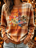 Women Fall Plaid Patchwork Maple Leaf Applique Crewneck Sweatshirt
