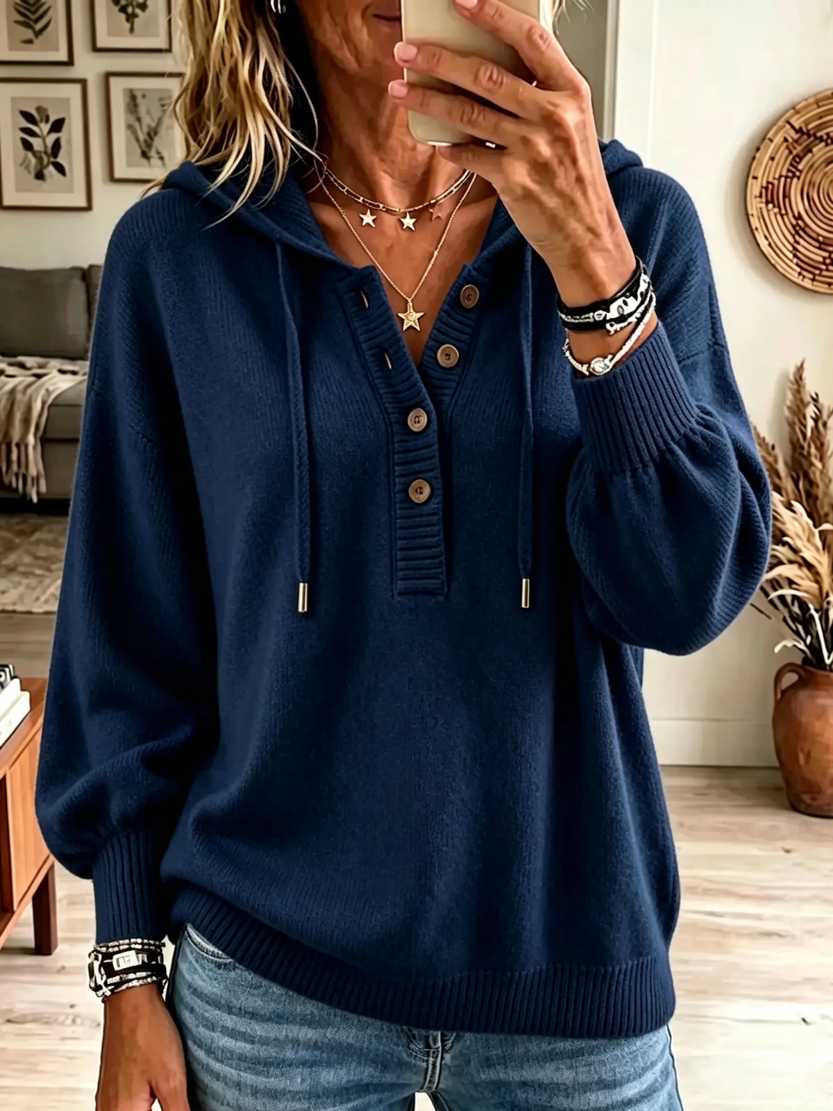 Women's Button Henley Knit Pullover Hoodie