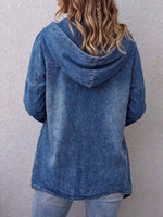 Women Washed Denim Hooded Jacket Asymmetric Zipper Wrap Long Sleeve Coat