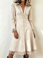 Women Western Faux Suede Fringe Long Sleeve Midi Shirt Dress