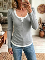 Mock Two‑Piece Ribbed Henley Top, Long Sleeve Scoop Neck Casual Tee