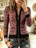 Retro Leopard Pattern Zip Art Casual Stylish Long Sleeve Top