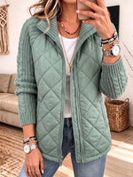 Women Quilted Knit Splice Zip‑Up Jacket, Stand Collar Mixed Media Casual Outerwear With Pockets