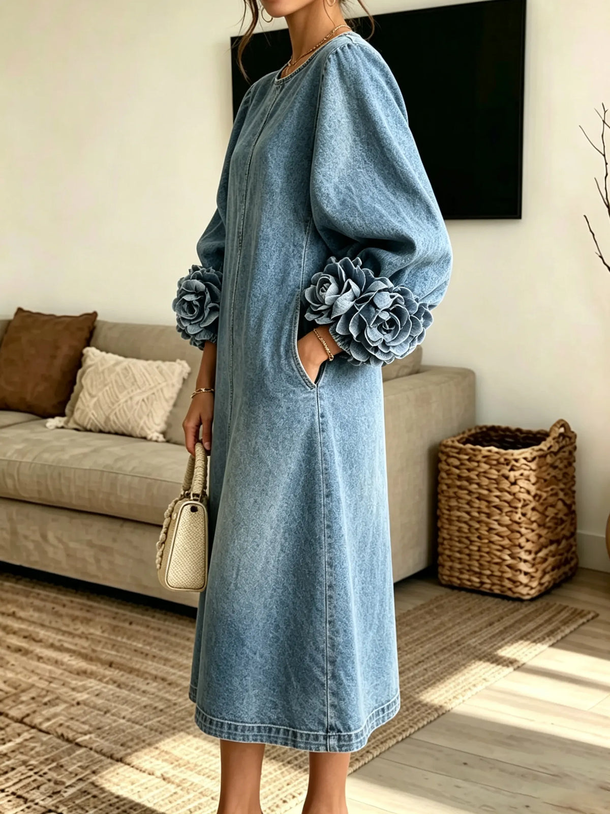 Women's 3D Rose Cuff Denim Midi Dress