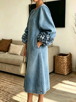 Women's 3D Rose Cuff Denim Midi Dress
