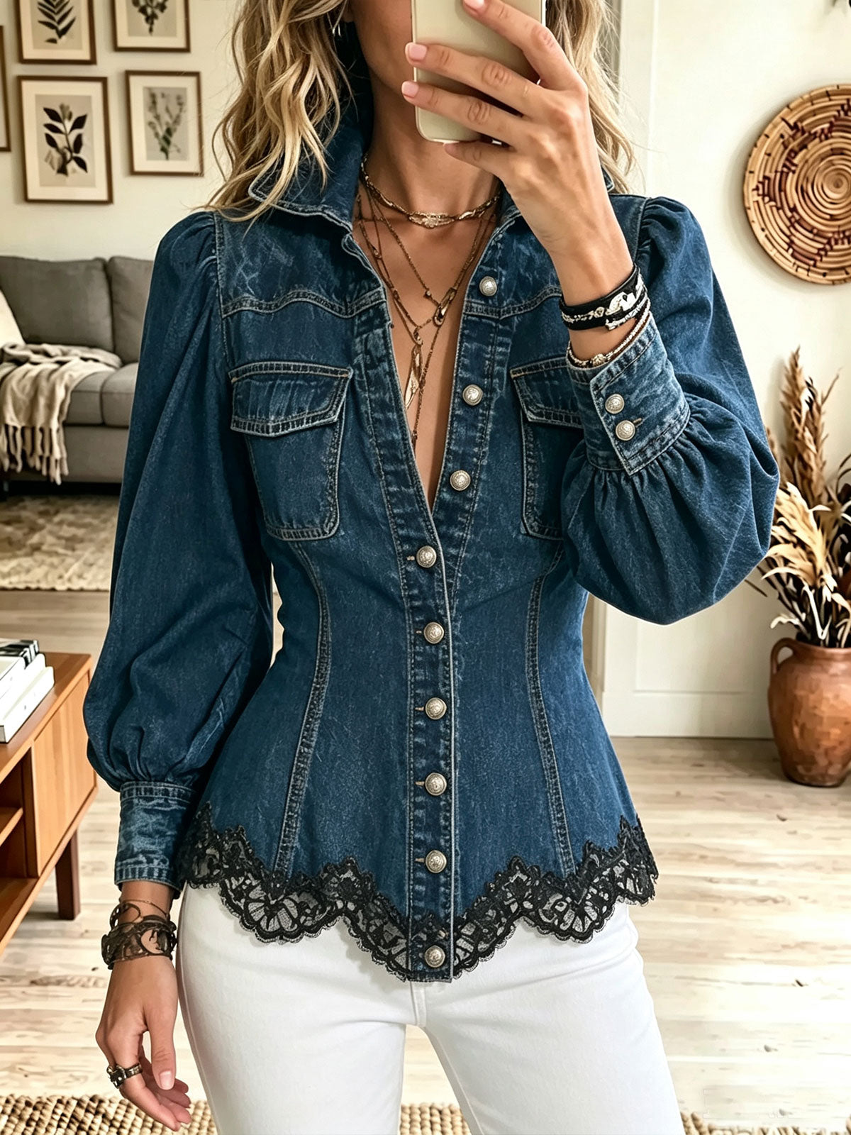 Women's Puff Sleeve Denim Shirt, Lace Hem Fitted Button Down Western Blouse