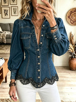 Women's Puff Sleeve Denim Shirt, Lace Hem Fitted Button Down Western Blouse