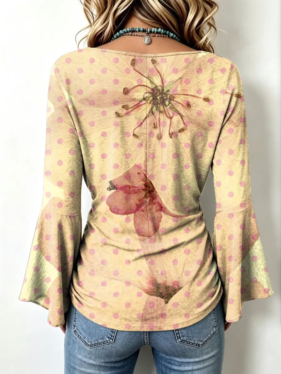 Retro Floral Polka Dot Pattern Art Print Casual Stylish Cotton V Collar Shirt