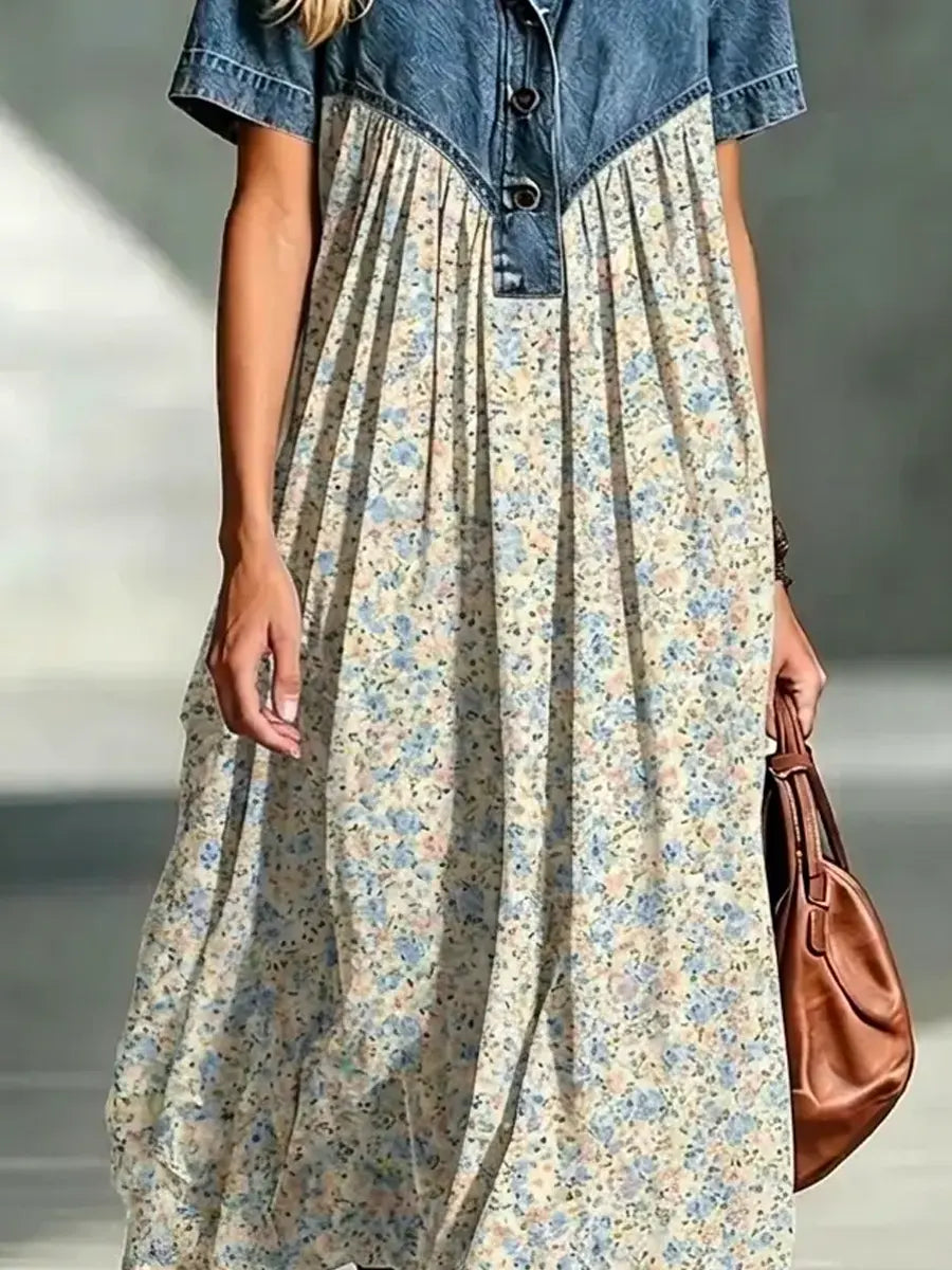 Retro Floral Pattern Art Print Casual Stylish Lapel Denim Patchwork Dress