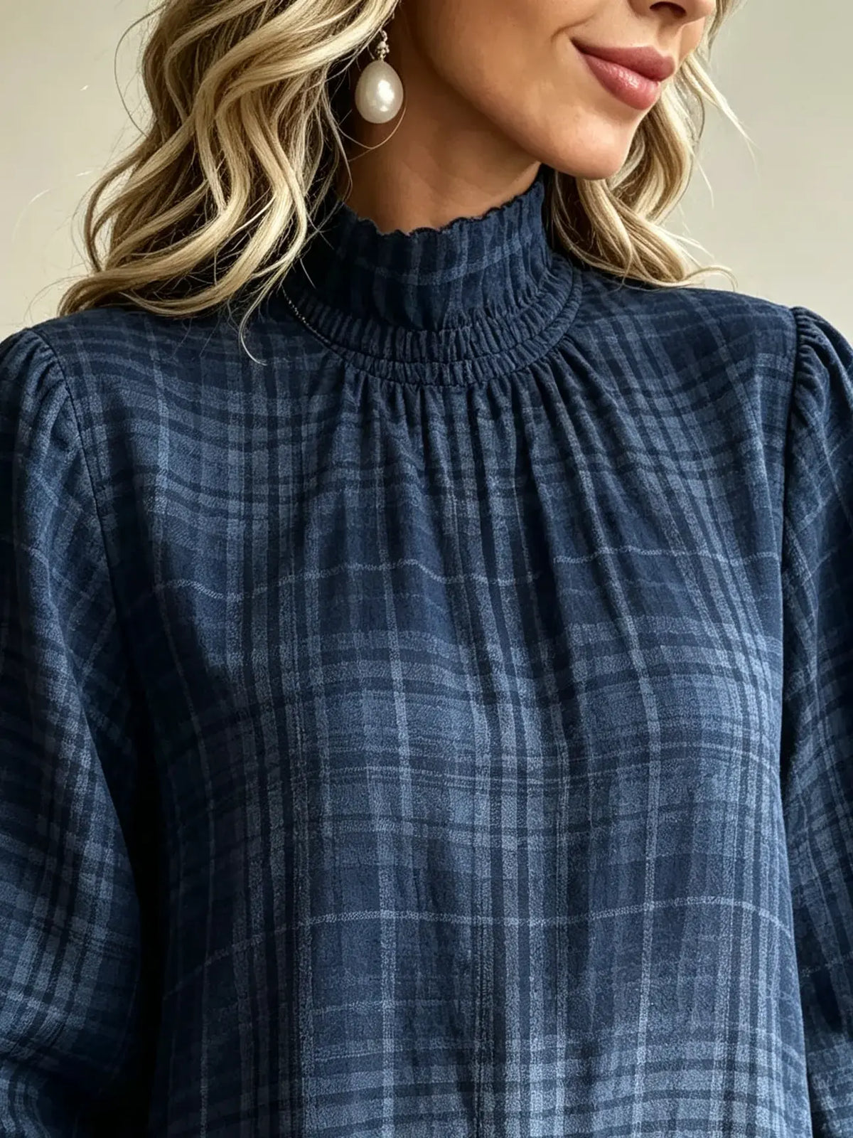 Women's Plaid Mesh Trim Mock-Neck Mini Dress