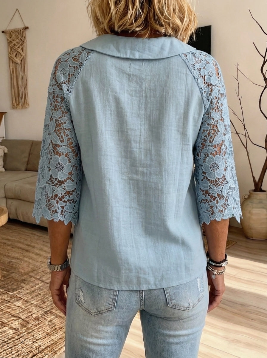 Women Peter Pan Collar Lace Raglan 3/4 Sleeve Button Blouse