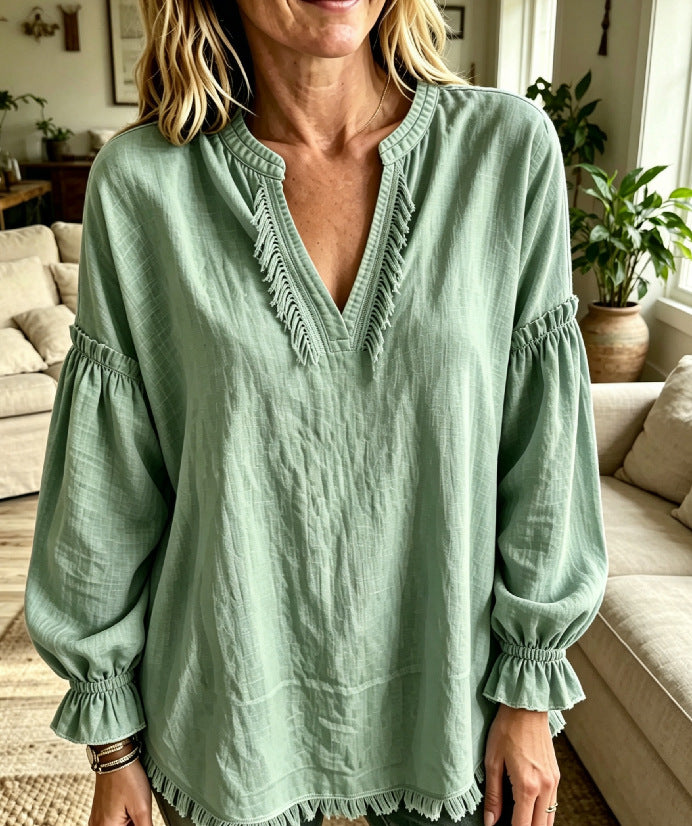 Women Boho Fringe V‑Neck Puff Long Sleeve Blouse Top
