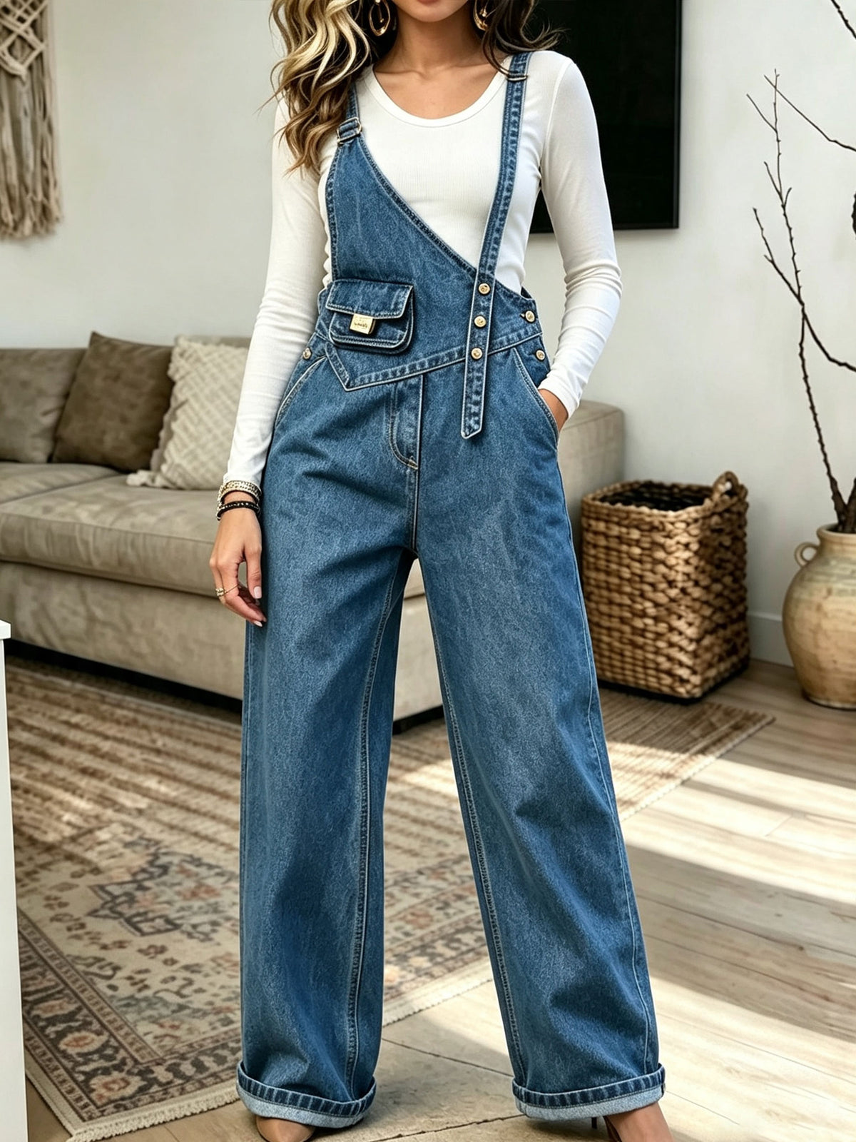 Asymmetric Strap Denim Overalls Women Wide Leg Baggy Denim Jumpsuit With Pocket