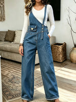 Asymmetric Strap Denim Overalls Women Wide Leg Baggy Denim Jumpsuit With Pocket