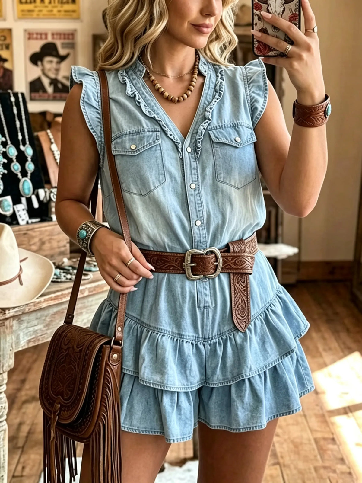 Women's Tiered Ruffle Sleeveless Denim Romper