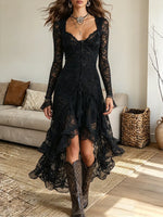 Vintage Elegant High-waisted Lace Square Neck Maxi Dress