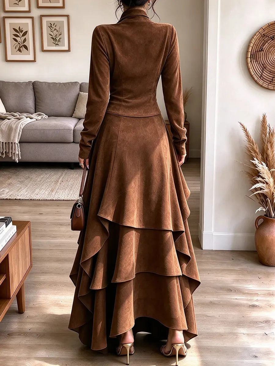 Women's Western Bow Tie Neck Long Sleeve Tiered Ruffle Irregular Hem Slim Fit Maxi Dress