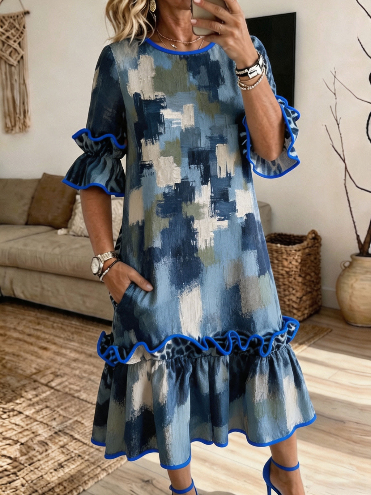 Women Abstract Brush Print Midi Dress Ruffle Short Sleeve Crew Neck Loose Dress With Side Pockets