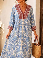 Retro Floral Pattern Art Print Casual V-neck Cotton Linen Maxi Dress