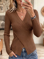 Women's Crossover V-Neck Ribbed Knit Sweater - Asymmetrical Wrap Long Sleeve Fitted Top