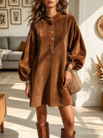 Women's Stand Collar Lantern Sleeve Suede Mini Dress
