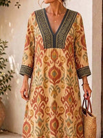 Retro Ethnic Pattern Art Print Casual V-neck Cotton Linen Maxi Dress