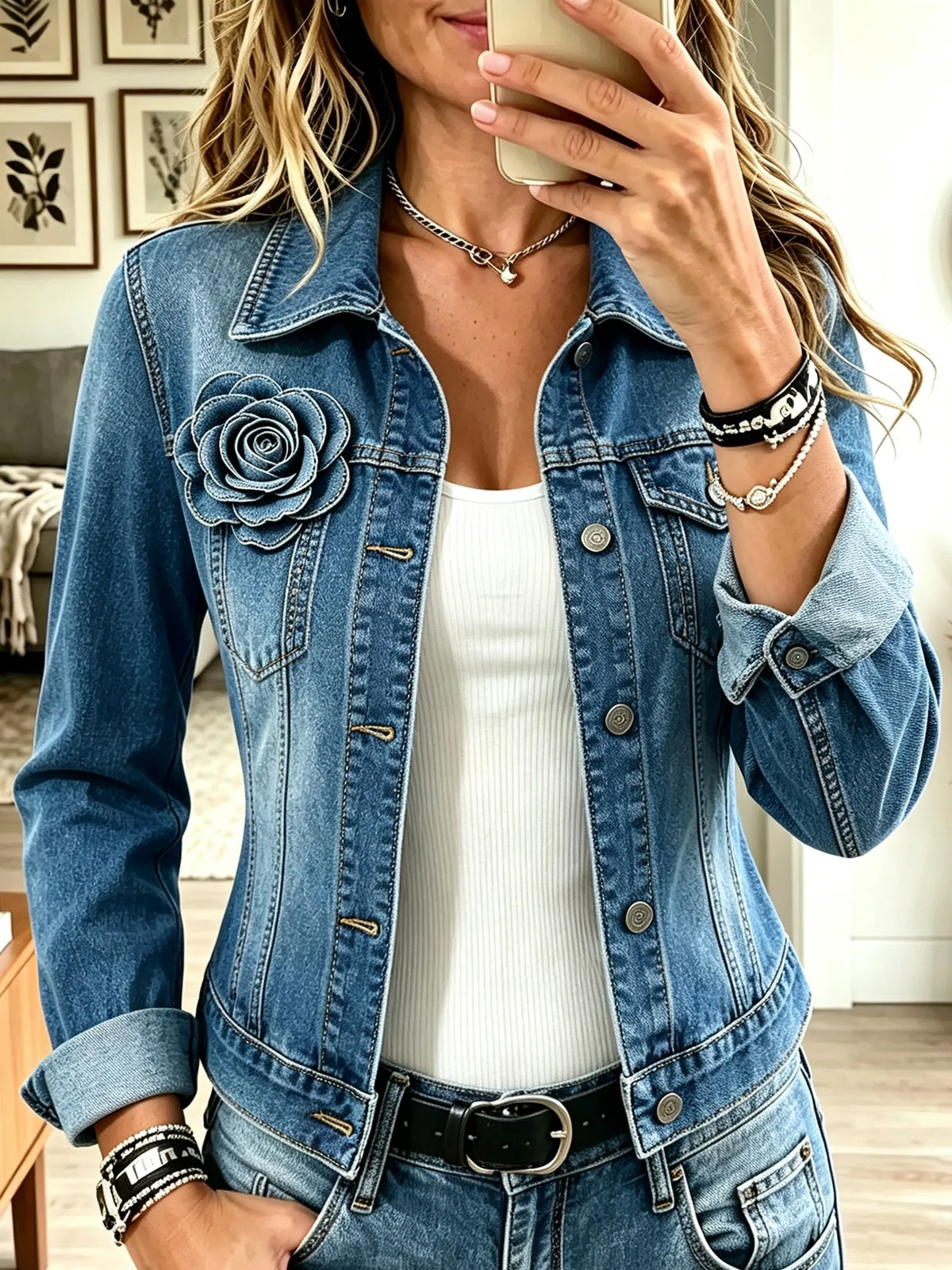 Women's 3D Flower Applique Fitted Denim Jacket