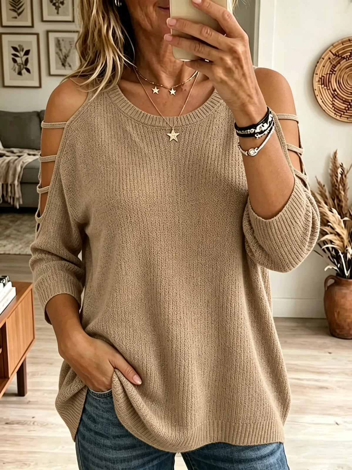 Women's Strappy Cold-Shoulder Knit Sweater