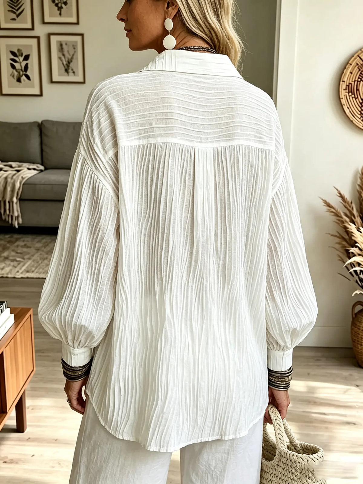 Women's Crinkle Pleated Deep V-Neck Blouse
