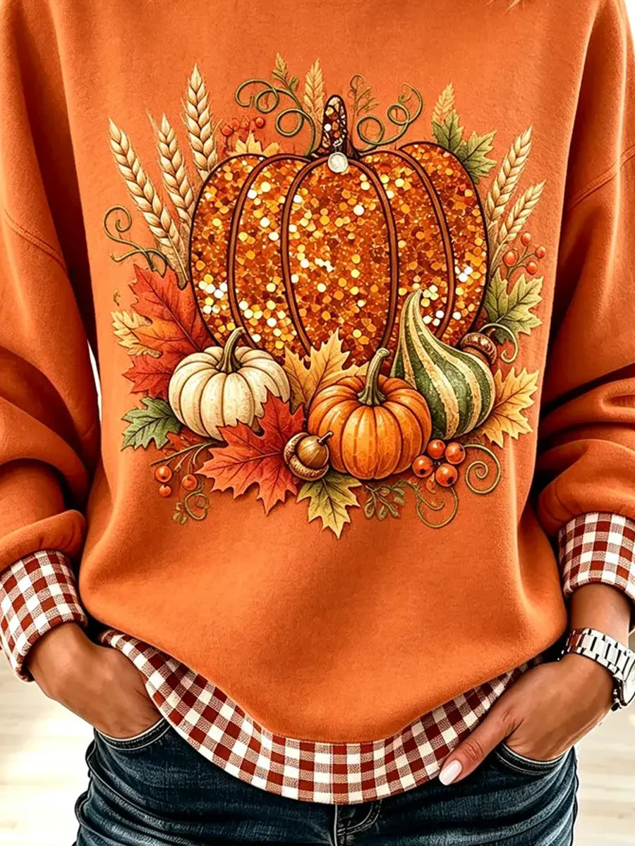 Retro Pumpkin Autumn Pattern Art Print Casual Long Sleeve Sweatshirt