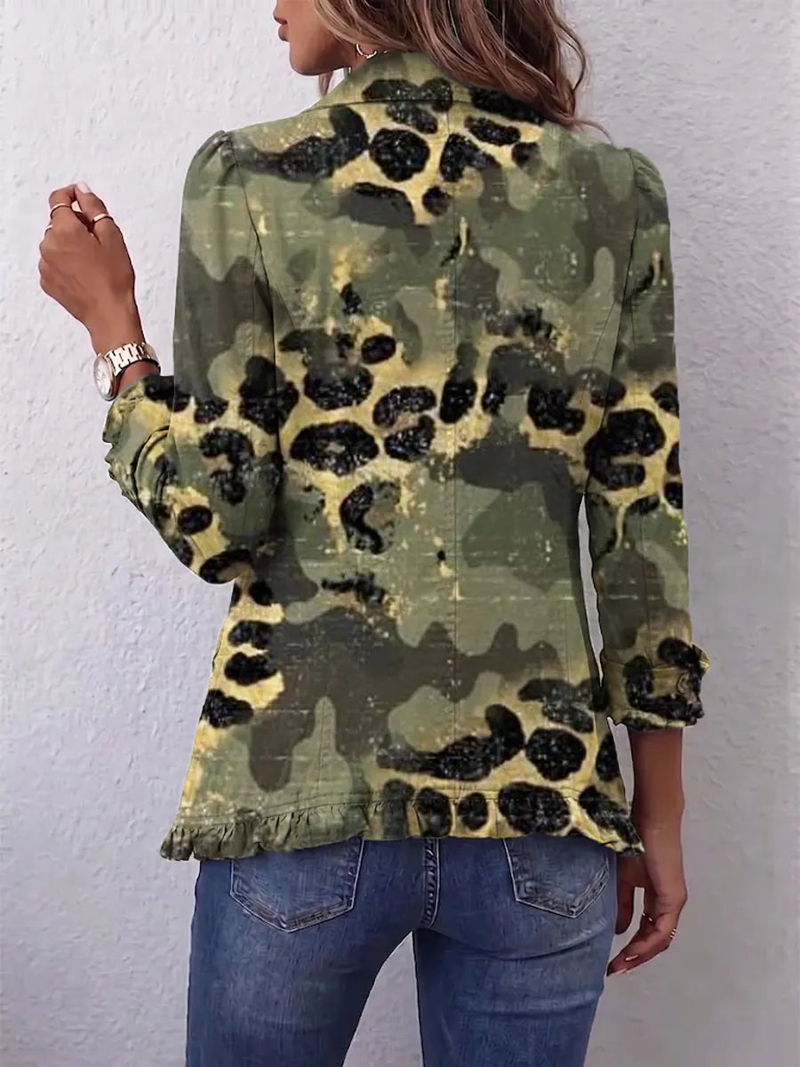 Retro Leopard Patchwork Pattern Art Print Ruffle Casual Stylish Cotton Lapel Coat