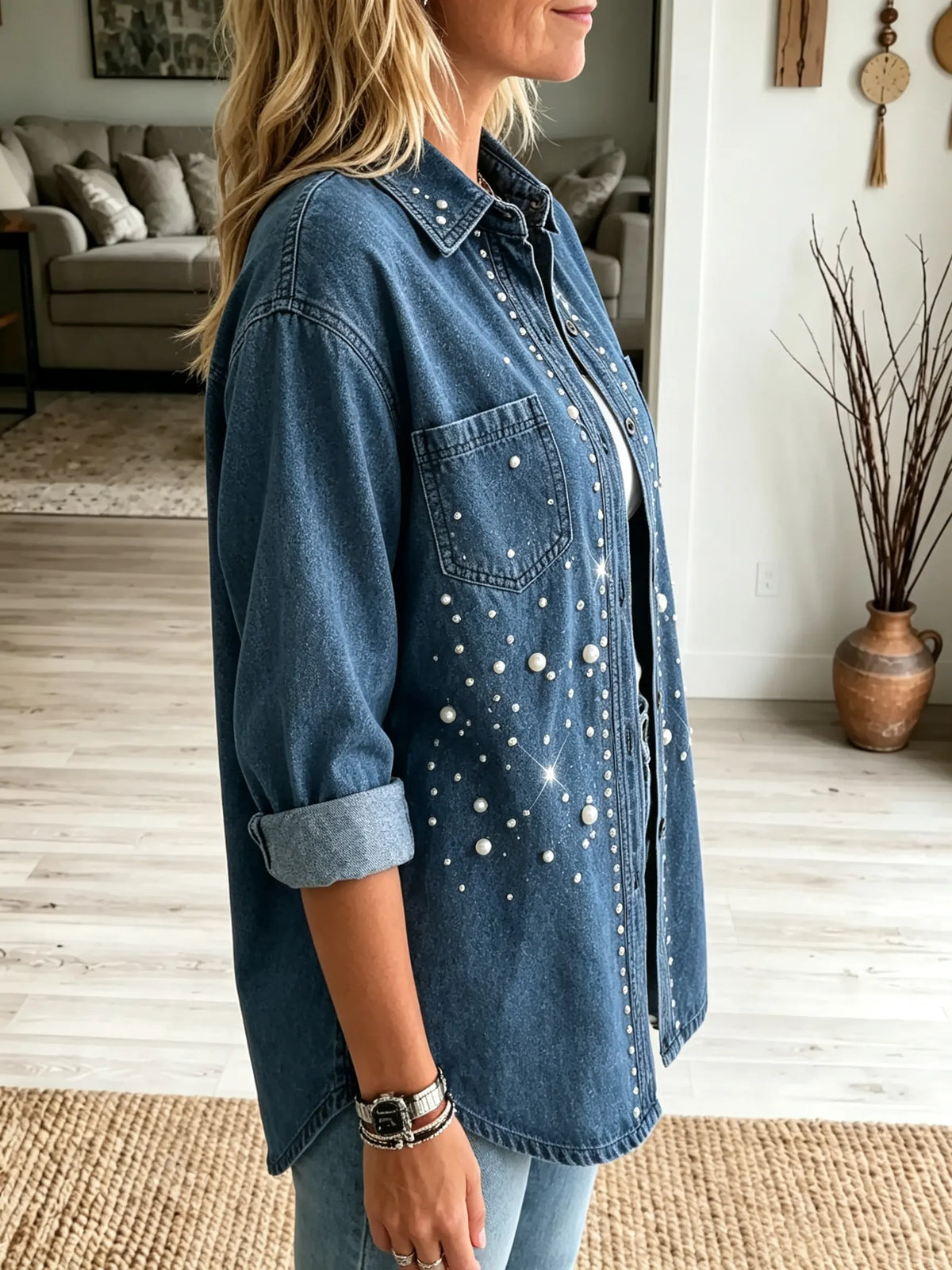 Women's Pearl Embellished Longline Denim Shirt