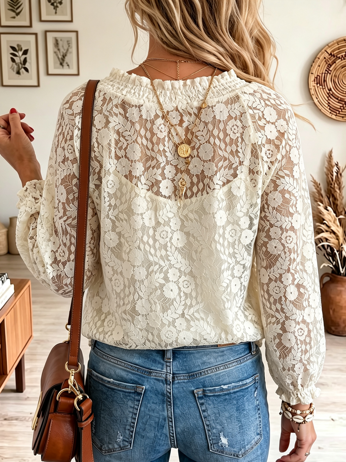 Women's Sheer Floral Lace Drawstring Blouse