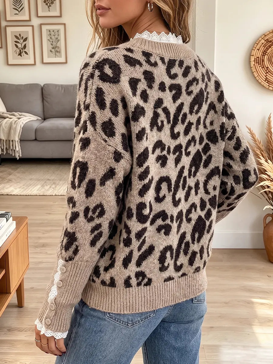 Vintage Elegant Leopard-print Patchwork Lace Sweater