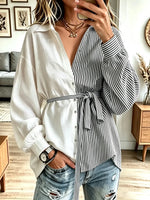 Retro Block Stripe Art Casual Stylish Long Sleeve Cotton Long Shirt