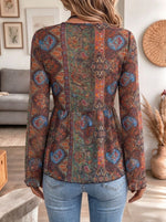 Women's Vintage Boho Paisley Print Sheer Chiffon Tie Front Long Sleeve Top