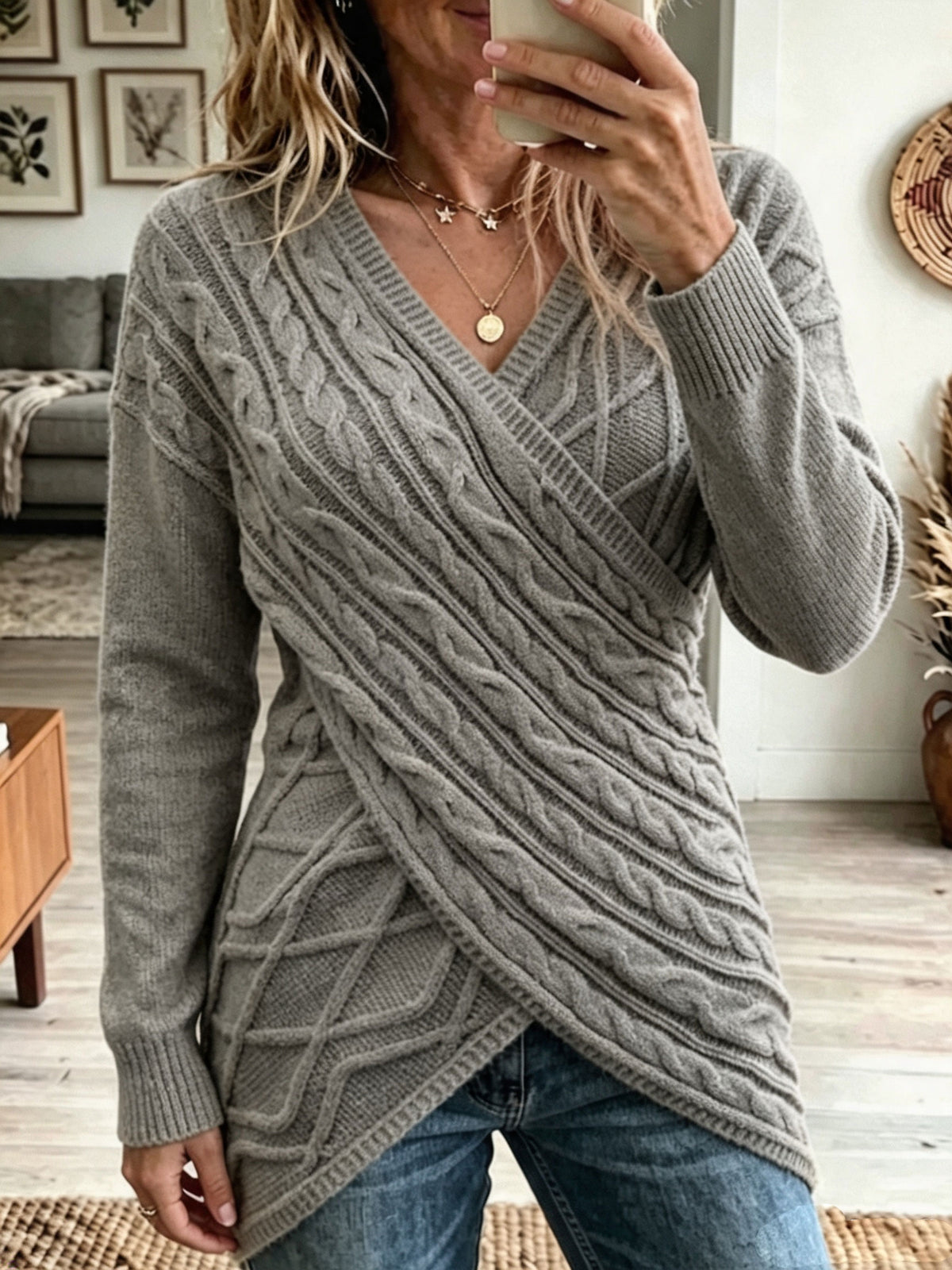 Cable Knit Wrap V‑neck Sweater, Asymmetrical Hem Long Sleeve Pullover