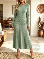 Women Round Neck Cable Knit Long Sleeve A‑Line Midi Sweater Dress
