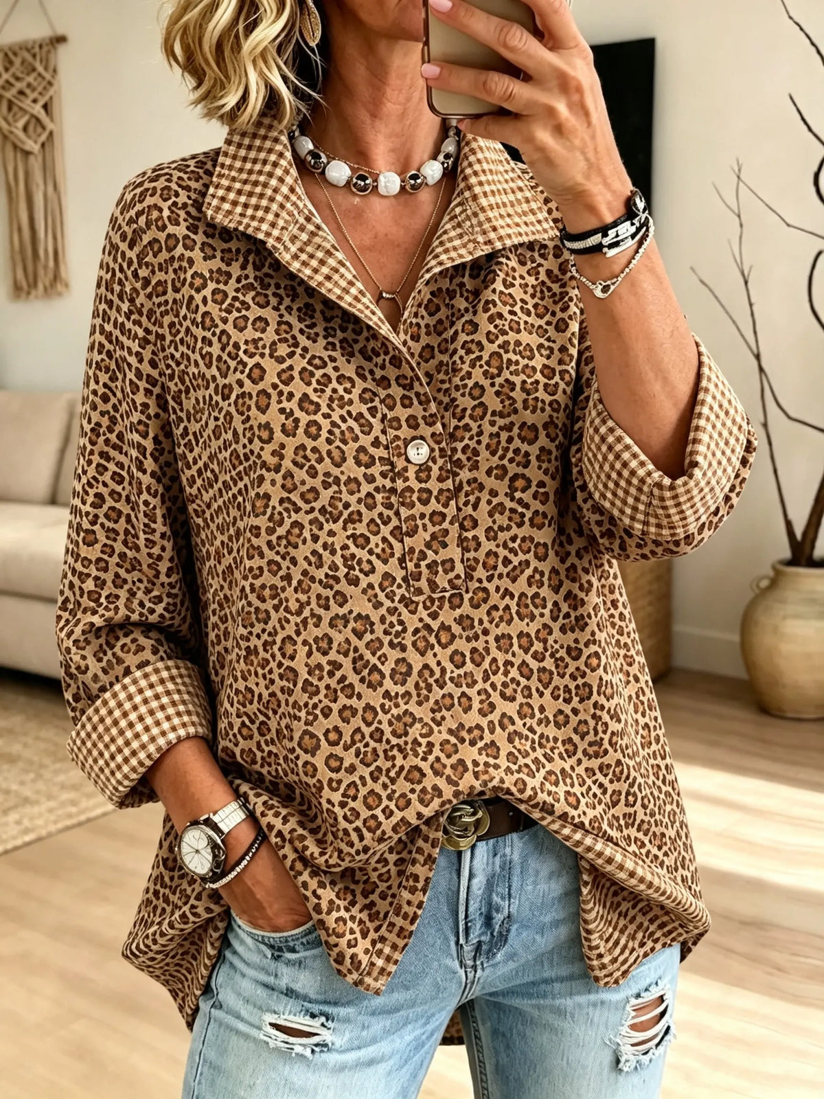 Women's Leopard Plaid Henley Blouse