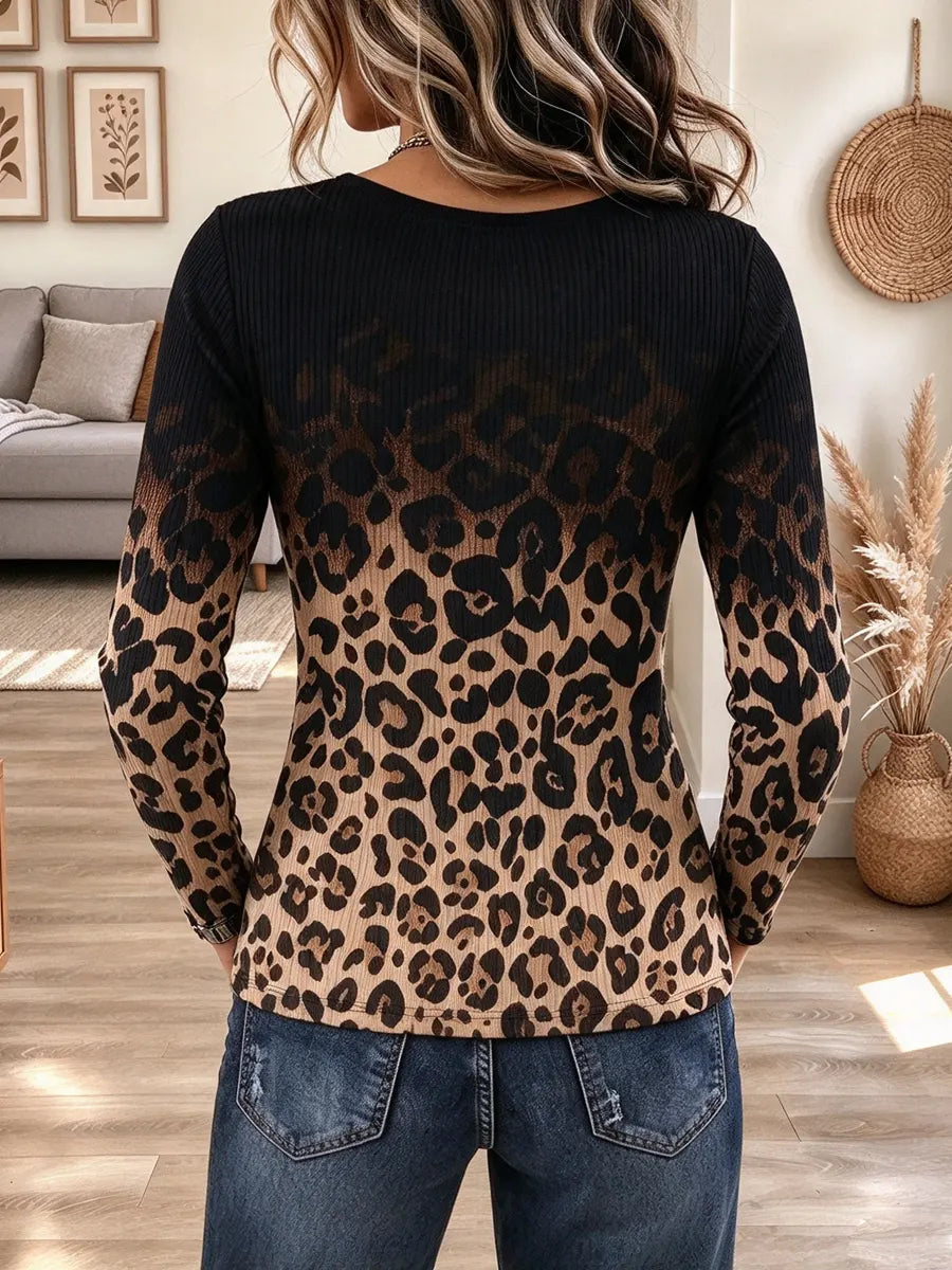 Retro Leopard Pattern Art Casual Stylish Long Sleeve Knit Top