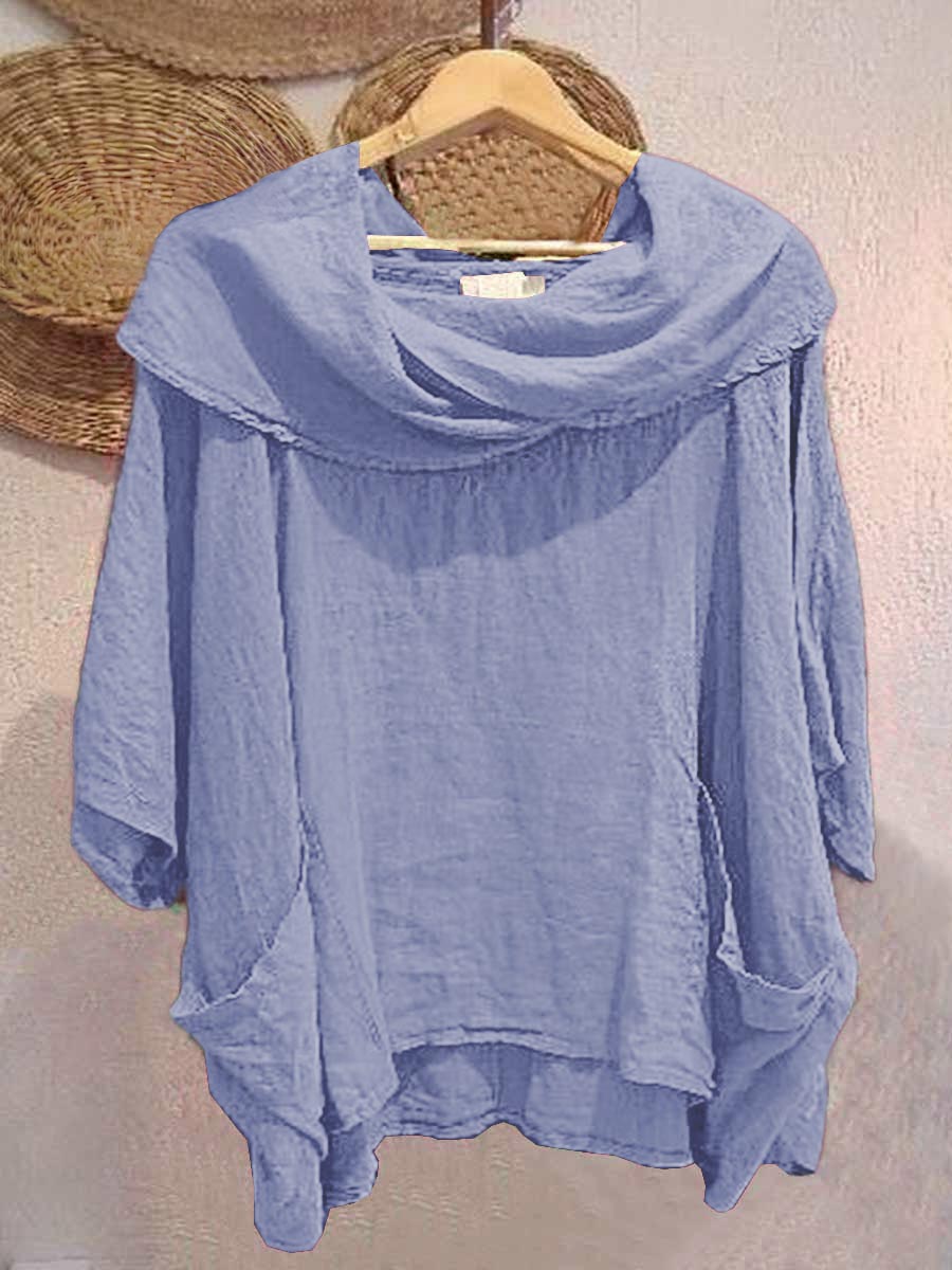 Women's Solid-color Cowl Neck 3/4 Sleeve Casual Loose Cotton-linen Top