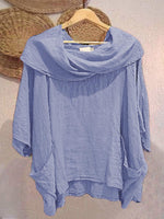 Women's Solid-color Cowl Neck 3/4 Sleeve Casual Loose Cotton-linen Top