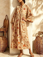 Retro Floral Pattern Art Print Casual V-neck Cotton Linen Maxi Dress
