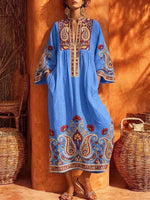 Retro Ethnic Floral Pattern Art Print Casual Stand Collar Cotton Linen Maxi Dress