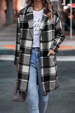 Women Plaid Notched Lapel Mid‑Length Wool Blend Coat, Casual Button Down Oversized Outerwear