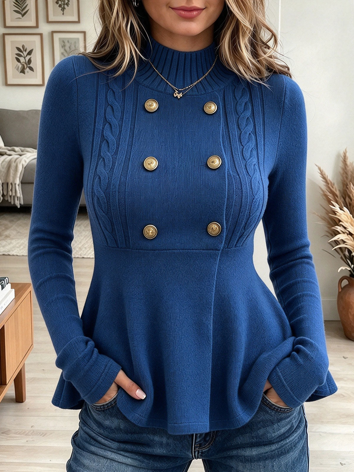 Women's Royal Blue Turtleneck Cable Knit Peplum Sweater with Double-Breasted Gold Buttons