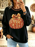 Women Sparkly Pumpkin Bow Graphic Crewneck Fall Sweatshirt