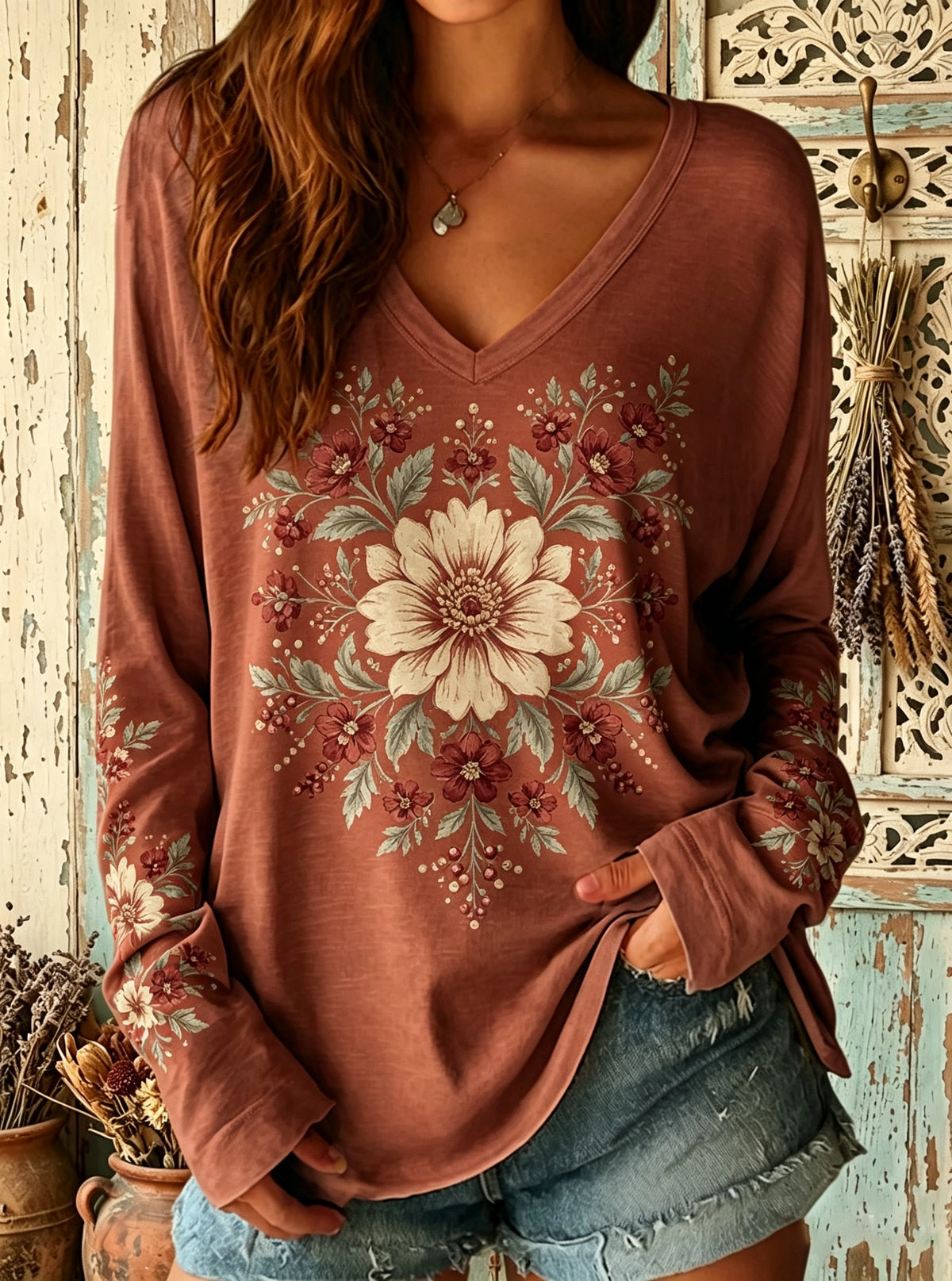 Women's Floral Medallion Print V-Neck Top